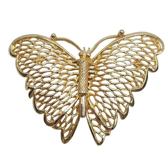 Butterfly Openwork Brooch Pin Gold Tone Vintage - Picture 1 of 4